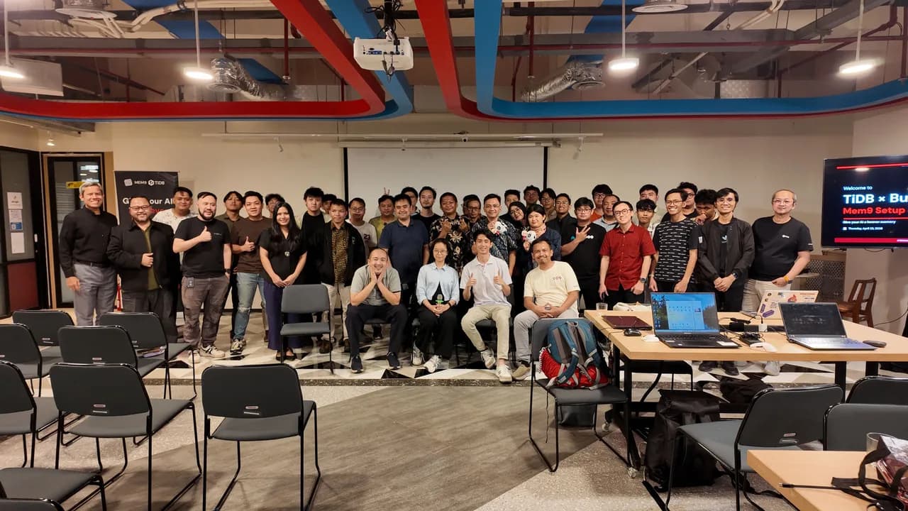 Group photo at 'Give Your AI a Forever Memory: mem9 Setup & Build Night', co-organized by Aurelius Ivan Wijaya with Build Club and TiDB at GoWork Treasury Tower, Jakarta